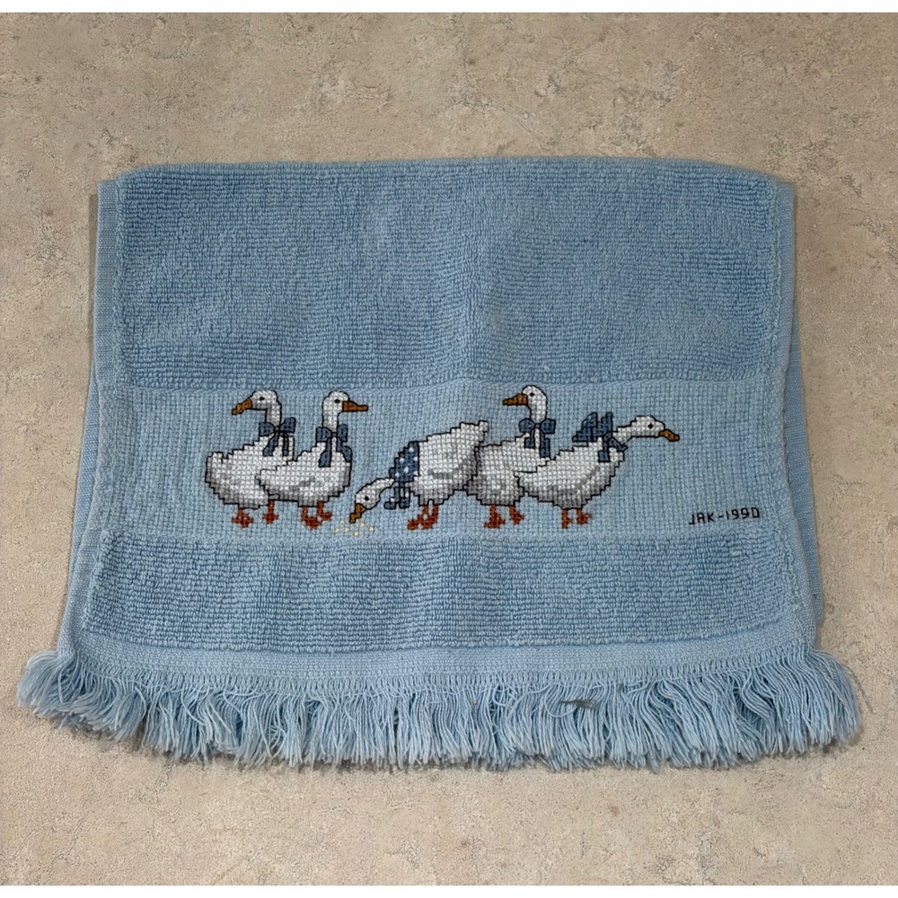 Vintage 1990 Hand Towel Blue CrossStitch Geese Fringe Embroidered Farmhouse